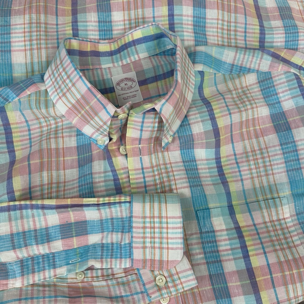 Brooks Brother Multicolor Plaid Irish Linen Button‎ Down Shirt Mens XL NWOT